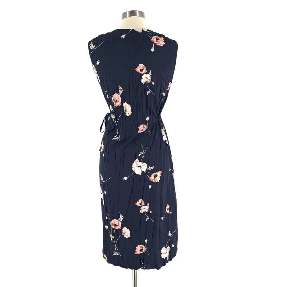 Vince Navy Tossed Poppy Printed Pleated Sleeveless V-Neck Crepe Midi Dress XS - Picture 3 of 10